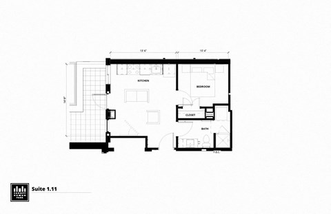 Floor plan for 1 bed, 1 bath, 557 sqft